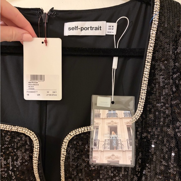 NWT Self-Portrait Black Feather-Trim Sequined Mini Dress Black Pink Size 12 - Picture 4 of 10